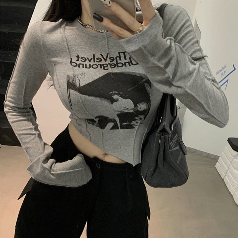 swvws Casual Slim T-Shirt For Women O Neck Long Sleeve Sexy Crop Top Grunge Letters Print Female Korean Fashion Clothing