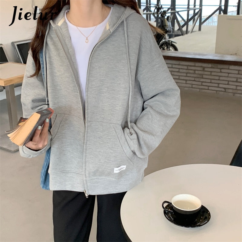 swvws Autumn Chic Zip-Up Hoodies Female Casual Street Loose Thin Blue Gray Apricot Sweatshirt Pocket Hooded Women Cardigans