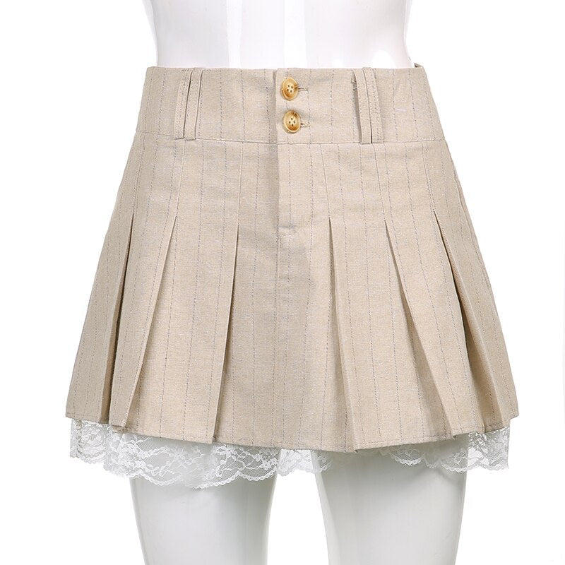 swvws Pleated Mini Skirt Women Summer Short Lace Trim Skirts Female Preppy Style Khaki High Waist Skirt Girl School Uniform Miniskirt