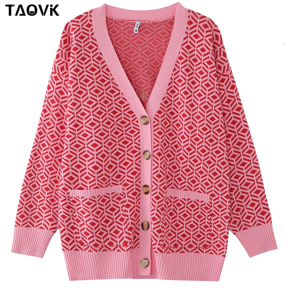 swvws Women's Knitted Sweater Diamond Pattern Single-Breasted Buttons Loose Casual Knit Cardigan Sweater