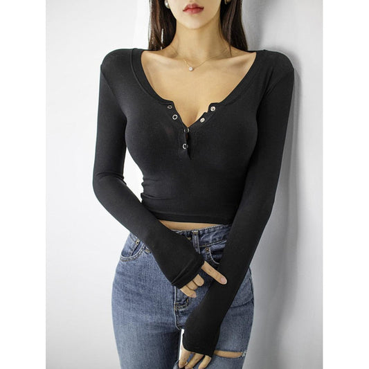 swvws Women Tops  T-Shirts Sexy Slim V-Neck Long Sleeve Tshirt Black Basic T Shirt Woman Autumn New Korean Fashion Tees Female Top