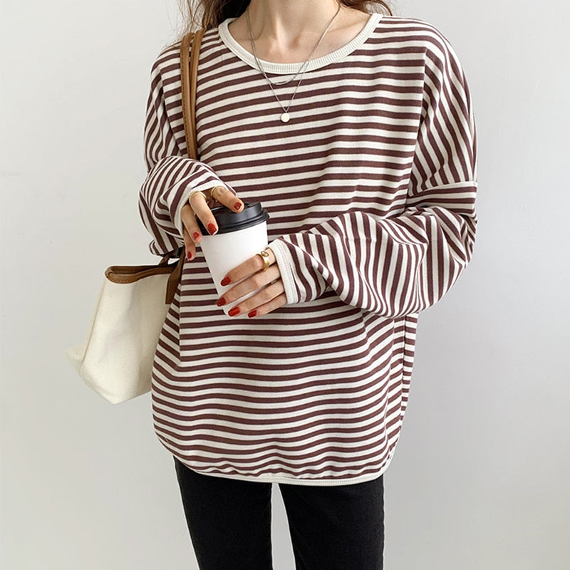 swvws Loose Striped Tshirt Women Cotton Long Sleeve Tops T-Shirt Casual Korean Fashion O-Neck Tee Shirt Femme  New Autumn Female