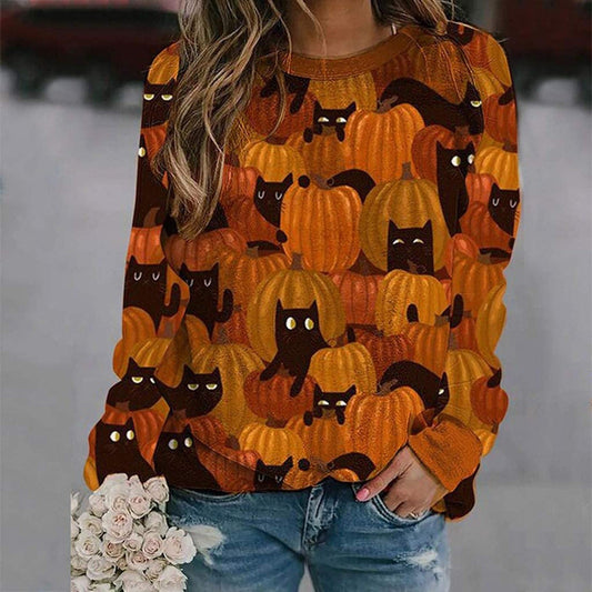 swvws Halloween Hoodies Oversized Women Fashion Halloween Element Print Long-Sleeved Sweatshirt Casual Hoodie Round Neck Blouse Autumn Pullover Aachoae