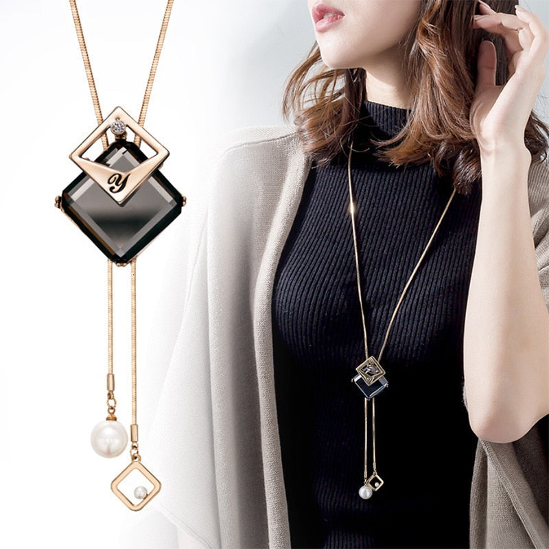 swvws Long Black Crystal Necklaces & Pendants Fashion Gold Silver Color Chain Rhinestone Geometric  Necklace Jewelry For Women