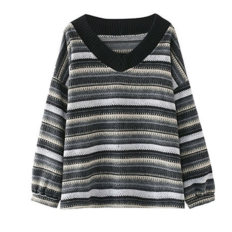 swvws Knitted Sweaters Women Oversized V Neck Striped Pullover Vintage Sweater Autumn Winter Retro Warm Jumper Harajuku Loose Sweater