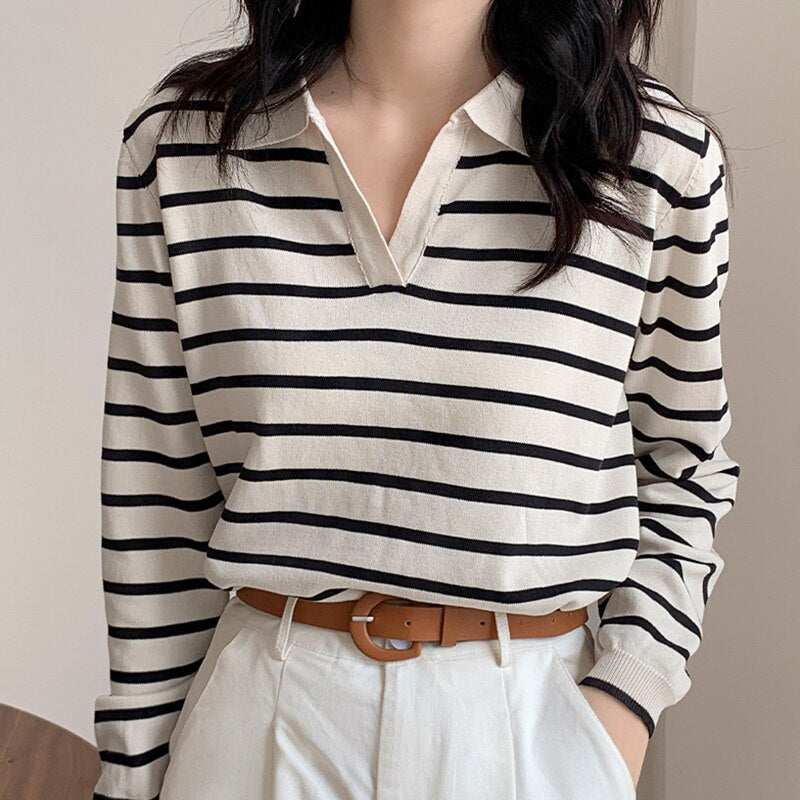 swvws  New Spring Autumn Stripe Women Tshirt Apricot Polo Collar Long Sleeve Top Casual All-Match Korea Fashion Tee Shirt Femme