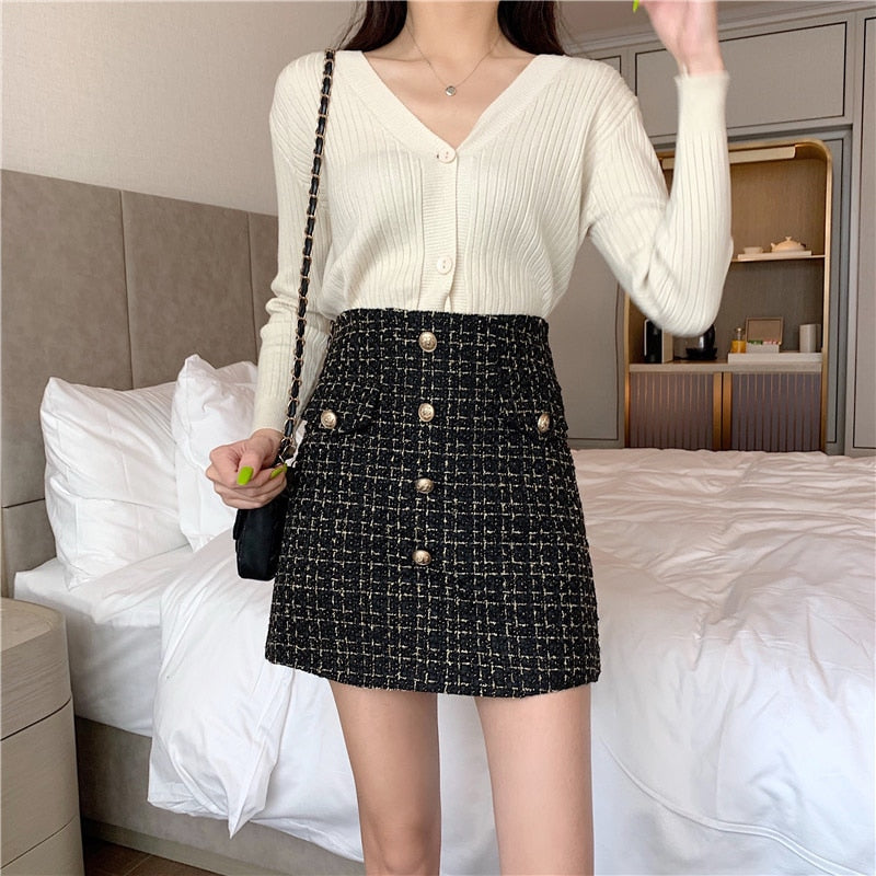 swvws Plaid Tweed Skirts Office Lady High Waist Mini Skirt Woolen Clubwear Vintage Buttons Black White Zipper Shorts Skirt