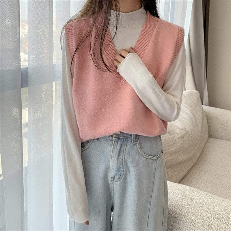 swvws Women's Knitted Vest Simple Solid Sleeveless Pullover Autumn Winter Korean V Neck Loose Sweater Vest Female Waistcoat Chic Tops