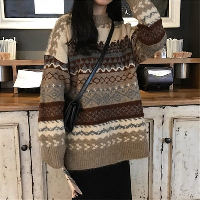 swvws Vintage Striped Brown Sweater Women Oversized Pullovers Harajuku Clothes Autumn Korean O-Neck Knit Jumpers Pull Femme Casual Top