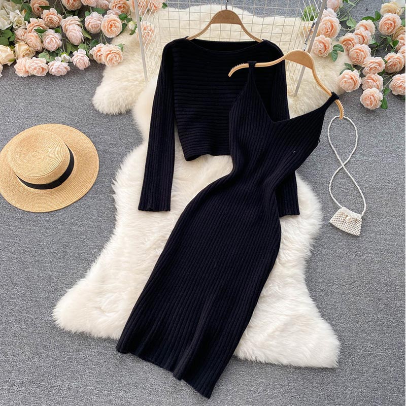 swvws Two-Piece Dress Sets Winter Women Knitted Dress Set Fleece Tracksuits Autumn Sweater And Tank Dress Elegant Outfit