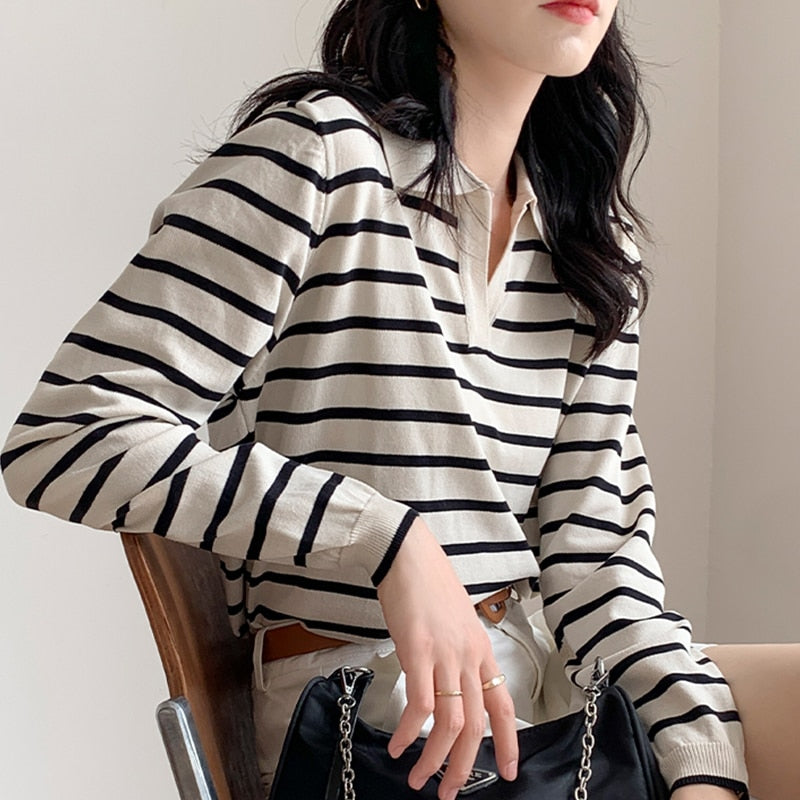 swvws  New Spring Autumn Stripe Women Tshirt Apricot Polo Collar Long Sleeve Top Casual All-Match Korea Fashion Tee Shirt Femme