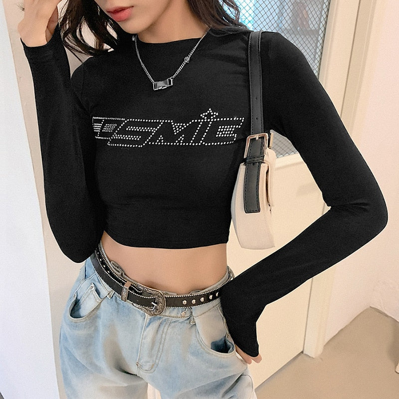 swvws Long Sleeve Letters Print Sexy Ctop Tops Women Fashion Streetwear Party Club Female T-Shirts