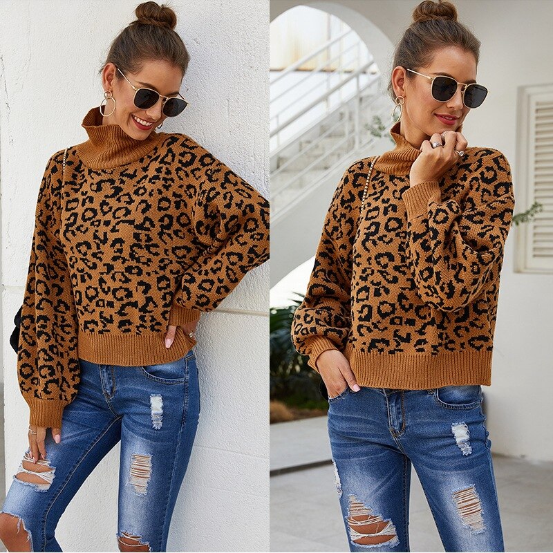 swvws Ladies Leopard Autumn Winter Women Sweater Turtleneck Casual Jumper Knitted Pullover Women Sweaters Top Female Pull Knitwear