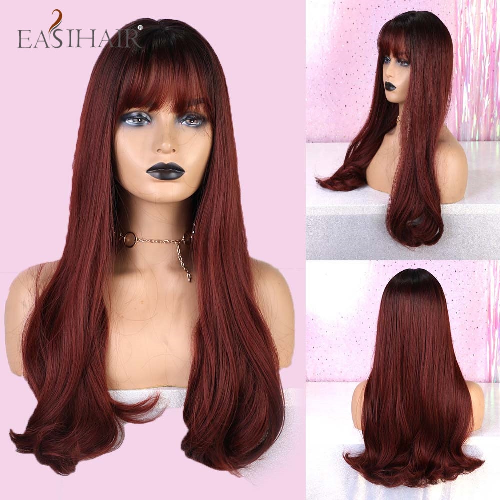 swvws  Long Black Wigs Cosplay Body Wave Synthetic Wigs With Bangs For White/Black Women Brazilian American Natural Hair