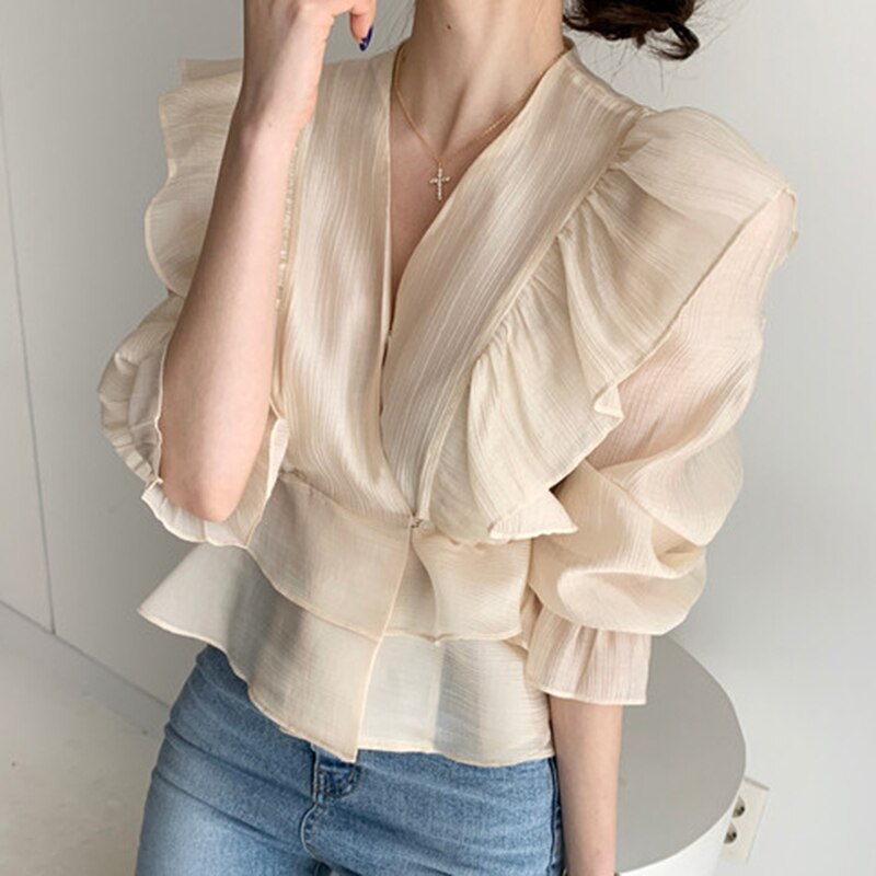 swvws Fashion Vintage Chiffon Blouse Women  New Puff Sleeve Ruffles V-Neck Shirt Women Silm Casual Womens Blouses Tops Mujer