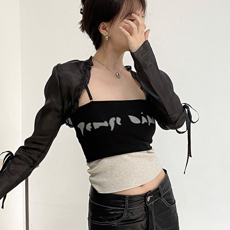 swvws Gothic Cloak Womne Long Sleeve Crop Top Bow Design Black Cape + Patchwork Tank Top Two Piece Set Korean Style Sexy Tops