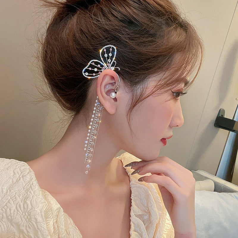 swvws Crystal Butterfly Tassel Ear Cuff Earrings for Women Gold Silver Color No Pierced Ear Clip Hook Fashion Party Jewelry