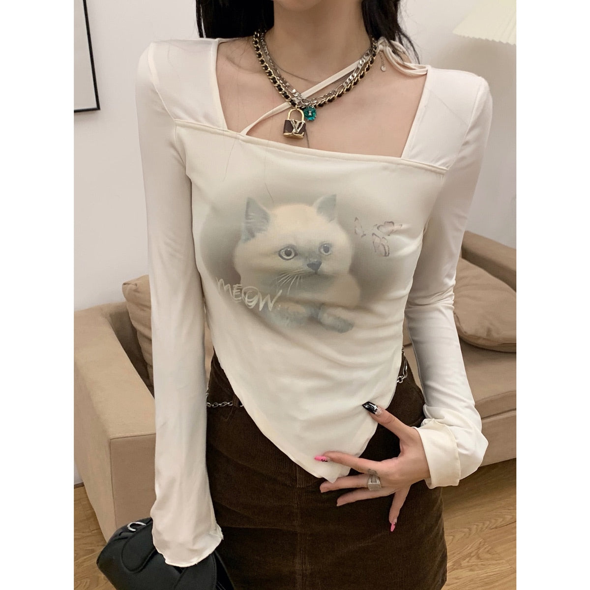 swvws Cat Printed Long Sleeve Crop Tops Women Sexy Slim Square Collar Irregular T-Shirt Autumn Chic Design Streetwear Harajuku