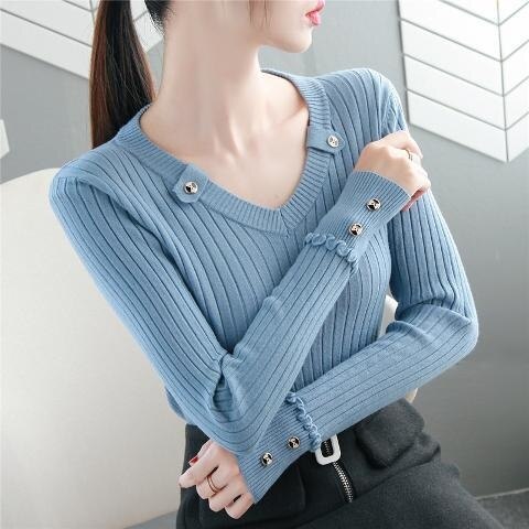 swvws  NEW Autumn Women Sweater Knitted Long Sleeve Casual V-Neck Pullovers Slim-Fit Tops Vintage Button Office Chic Sweater