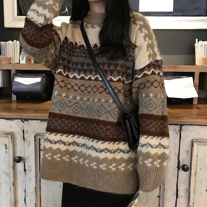 swvws Women Vintage Sweater Knitted Jumper College Loose Winter Striped Jumper Pullovers Korean Knitwear Autumn Casual Tops Femme