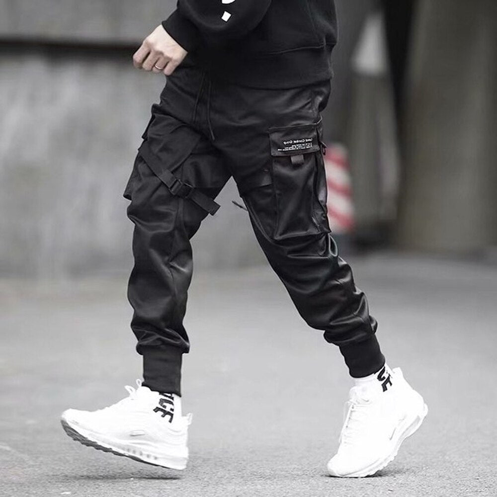 swvws Mens Vintage Hip Hop Style Baggy Jeans Men's Side Pockets Cargo Harem Pants Ribbons Black Hip Hop Casual Male Joggers Trousers Fashion Casual Streetwear Pants 5XL