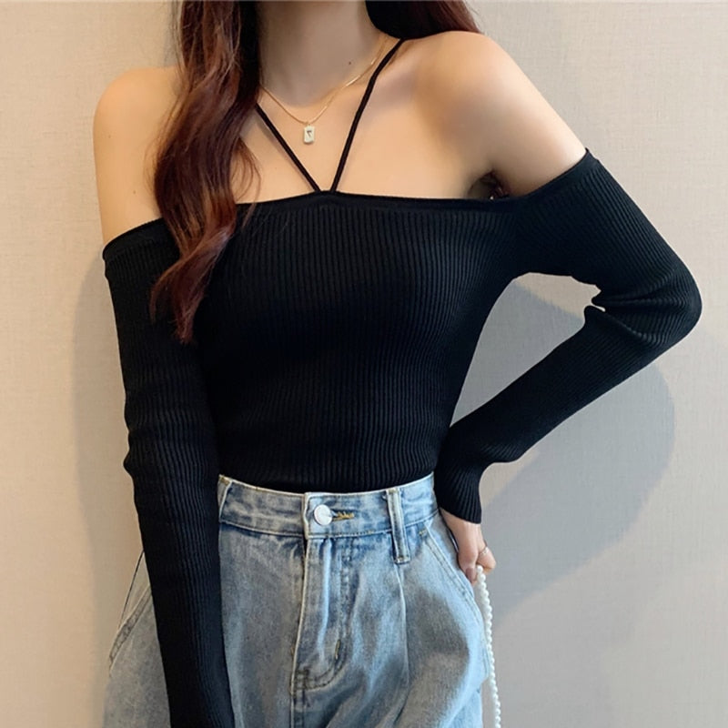 swvws Harteen Slim Without Shoulder Crop Sweater Long Sleeve Top Female Chic Knitted Short Tops Soild All-Match Girl Halter Sweaters