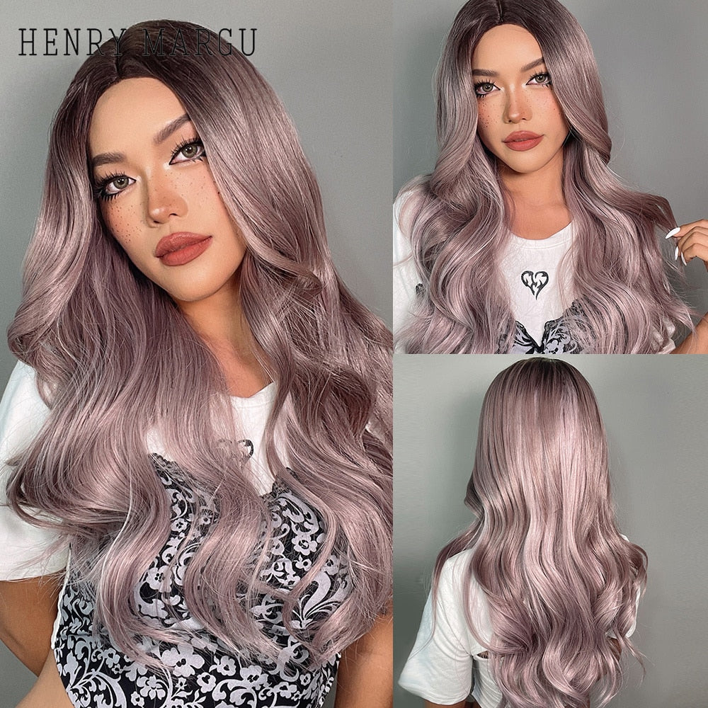 Long Ombre Brown Light Ash Platinum Blonde Wavy Wigs Cosplay Party Synthetic Wig for Women High Temperature Fibre