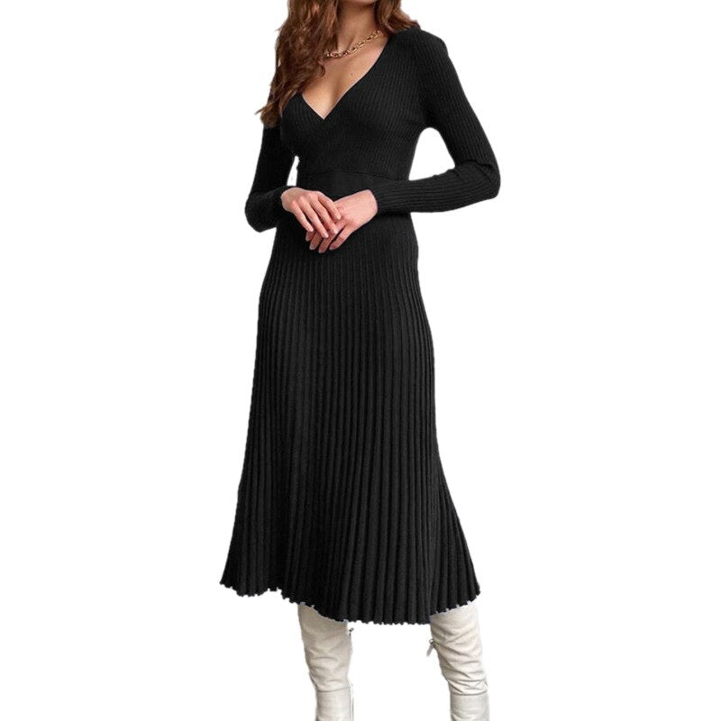 swvws Knitted Women's Solid V-Neck Slim Midi Dress  Autumn New Long Sleeve Bottoming Pleated Dresses Ladies Sexy Elegant Vestidos