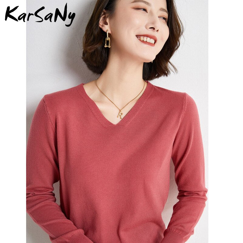 Back To School V Neck Sweater Pullover Winter Women  Solid Pulls Slim Knitted Top Basic Women's Sweaters Autumn Women Cashmere Jumper Woman