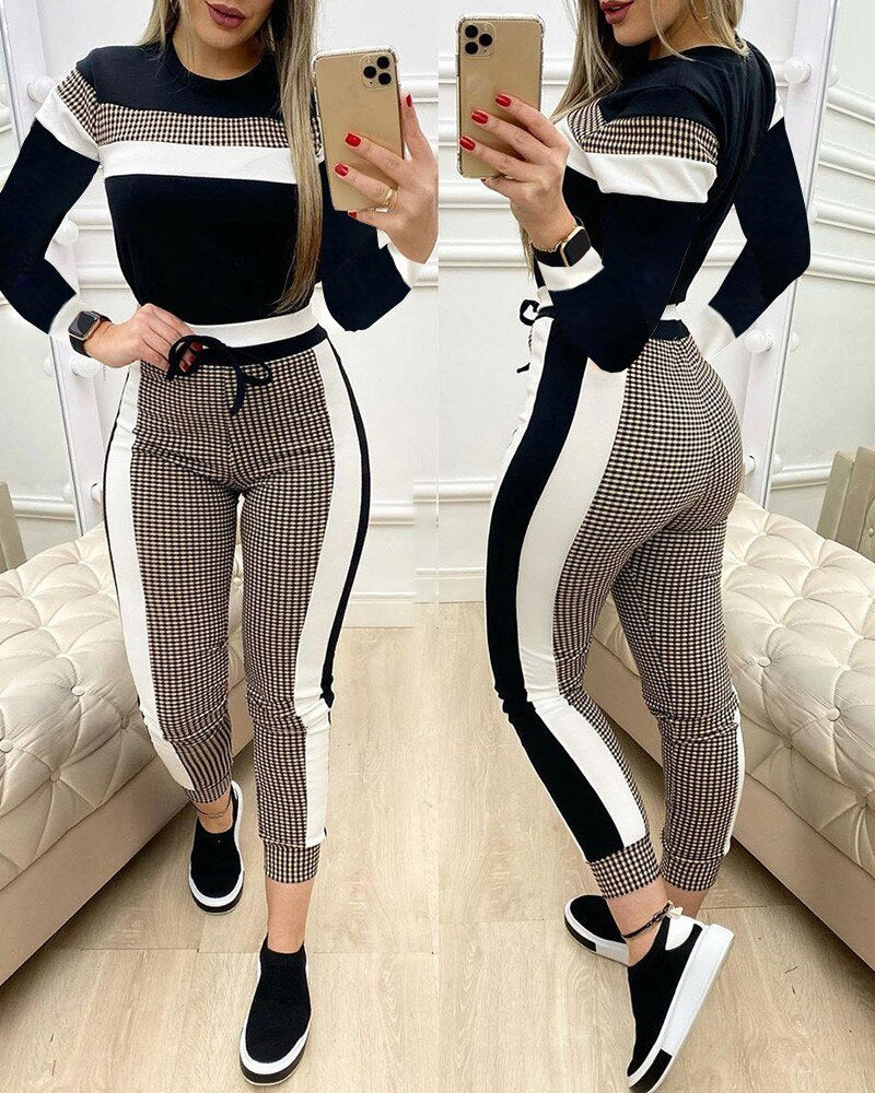 swvws Plaid Striped Short Sleeve Tape Top & Drawstring Pants Set Casual Basic Women Two Piece Set