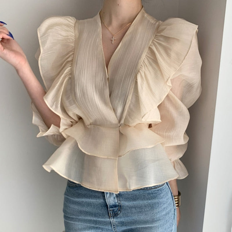 swvws Fashion Vintage Chiffon Blouse Women  New Puff Sleeve Ruffles V-Neck Shirt Women Silm Casual Womens Blouses Tops Mujer