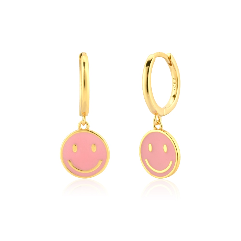 swvws Sterling Silver Gold White Pink Enamel Smile Drop Earring Black Clips Pendiente Spring Summer Jewelry For Women Gift