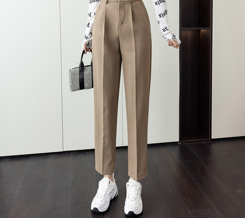 swvws Khaki Suit Women Pants Autumn Loose Straight Harem Trousers Female Pockets Zipper Elegant Korean Style White Pants S-XXL