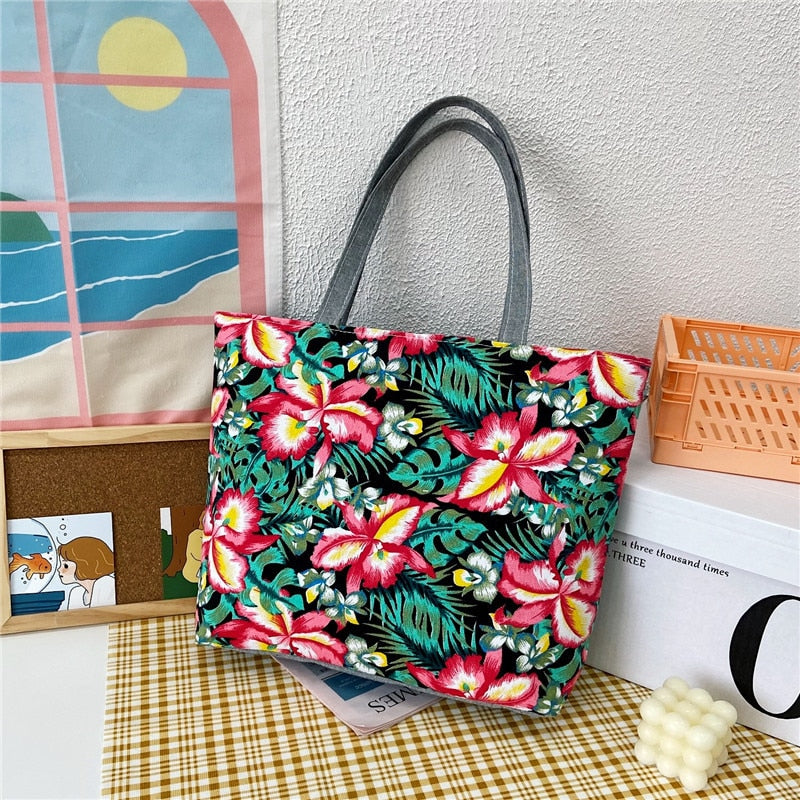 swvws  Fashion Folding Women Big Size Handbag Tote Ladies Casual Flower Printing Canvas Graffiti Shoulder Bag Beach Bolsa Feminina