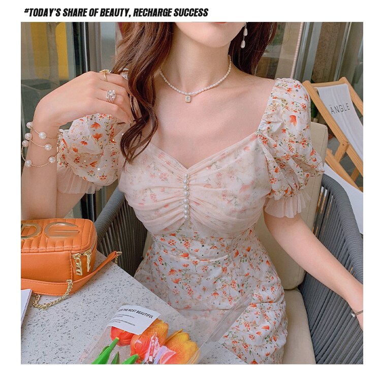 swvws Dresses For Women  French Square Neck Puff Sleeve Dress Korean Fashion Print Beaded Vintage Dress Casual Party Midi Dress