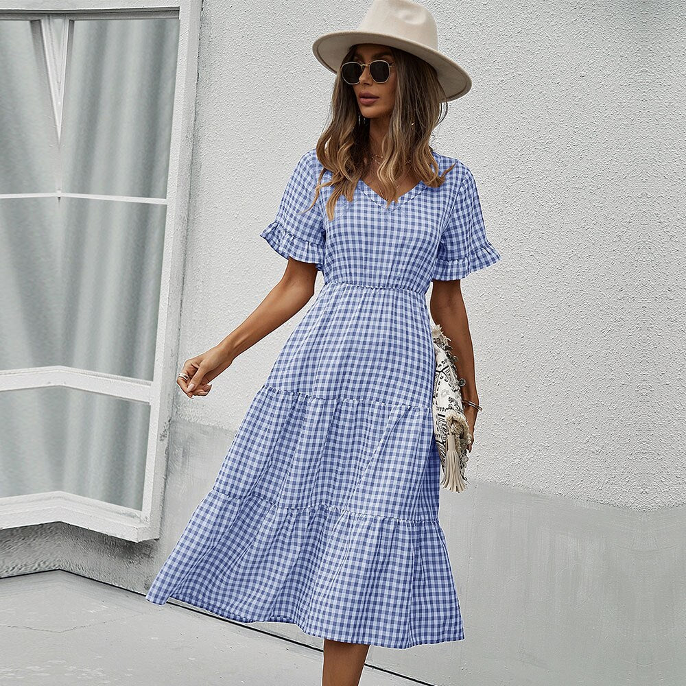 Spring Summer Plaid Casual Long Dress Women V Neck Slim High Waist Ladies New A Line Party Maxi Dress