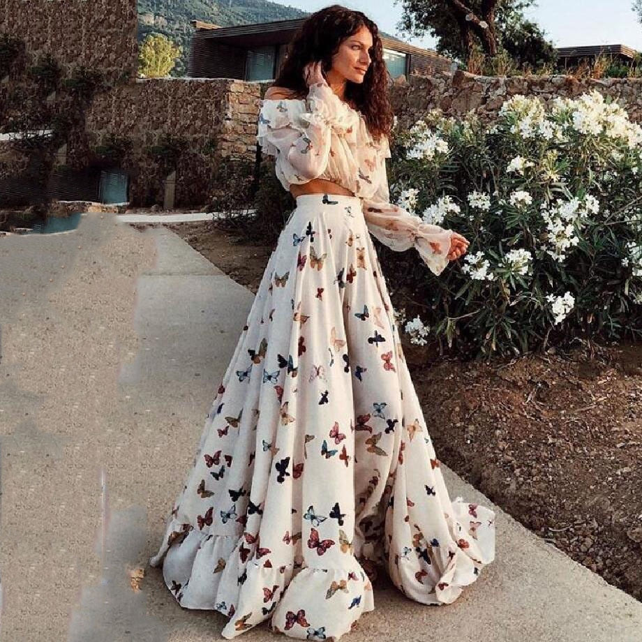 swvws Vintage Butterfly Print Dress Women 2 Piece Set Summer Elegant Long Sleeve Dresses Female Sexy Off Shoulder Beach Party Vestidos