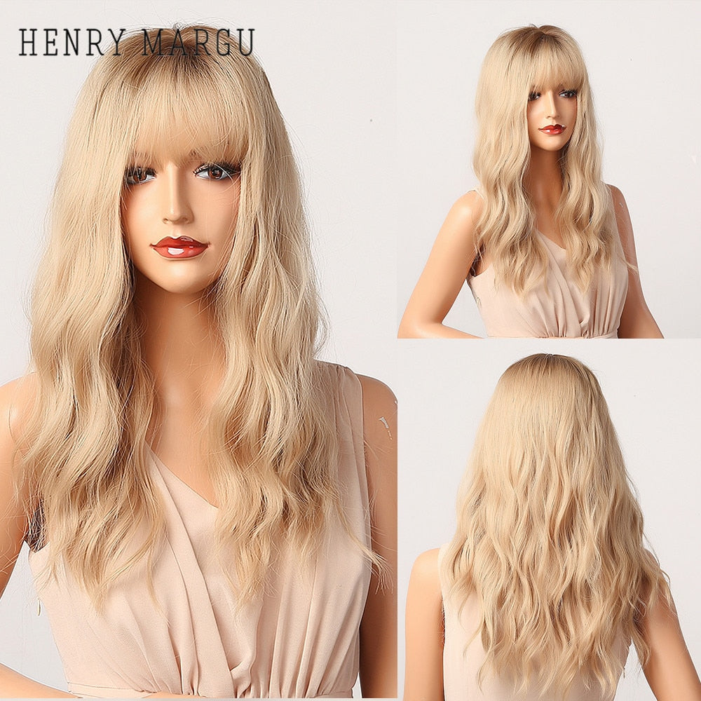 Pure Blonde Synthetic Hair Wigs Long Water Wave Wig for Women Colored Cosplay Lolita Wig with Bangs Heat Resistant