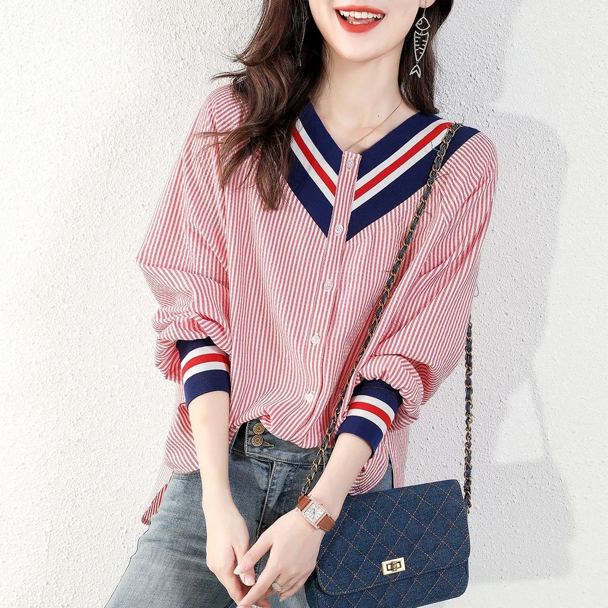 swvws Temperament Stripe Korea Fashion College Loose Thin V-Neck Shirt Women's Long Sleeve Cardigan Casual Coat Ladies Office