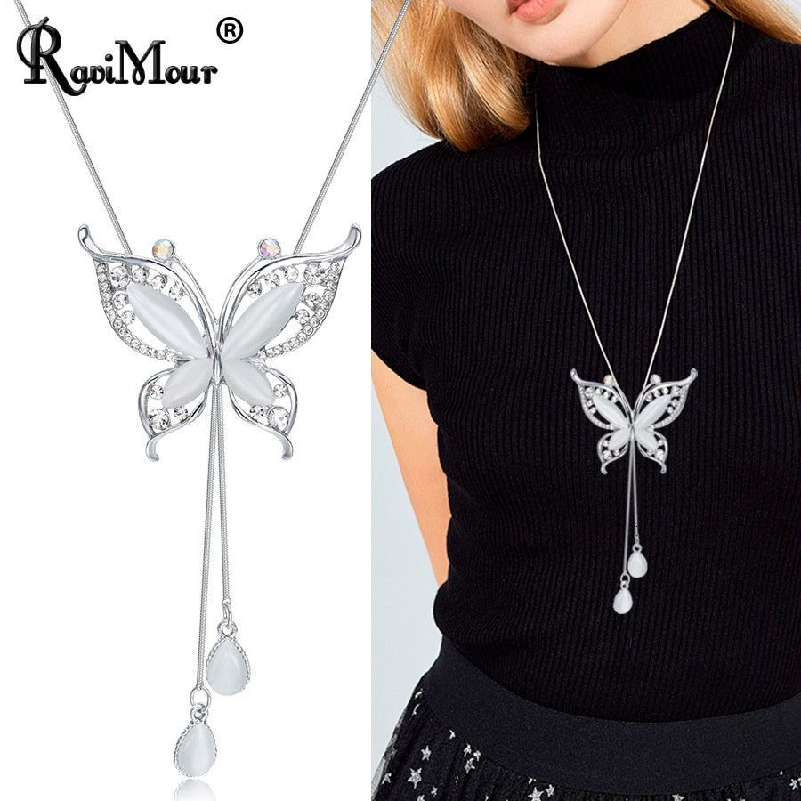 swvws Choker Necklace for Women Opal Stone Big Butterfly Collier Femme Fashion Jewelry Korean Long Chain Kolye Gift for Girl