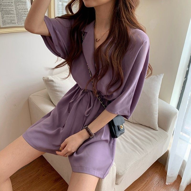 swvws Women Rompers Solid Elegant Draped Notched Collar Retro Fashion Short Sleeve Stylish S-5XL Lace-Up Playsuits Ulzzang Wide Leg