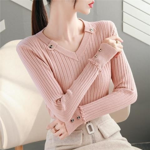 swvws  NEW Autumn Women Sweater Knitted Long Sleeve Casual V-Neck Pullovers Slim-Fit Tops Vintage Button Office Chic Sweater