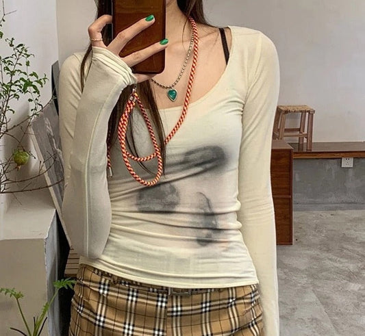 swvws Korean Style Mesh Top Women Tie Dye Printed See Through T Shirt Sexy Slim Translucent Sheer Tops Grunge Tshirts Japanese