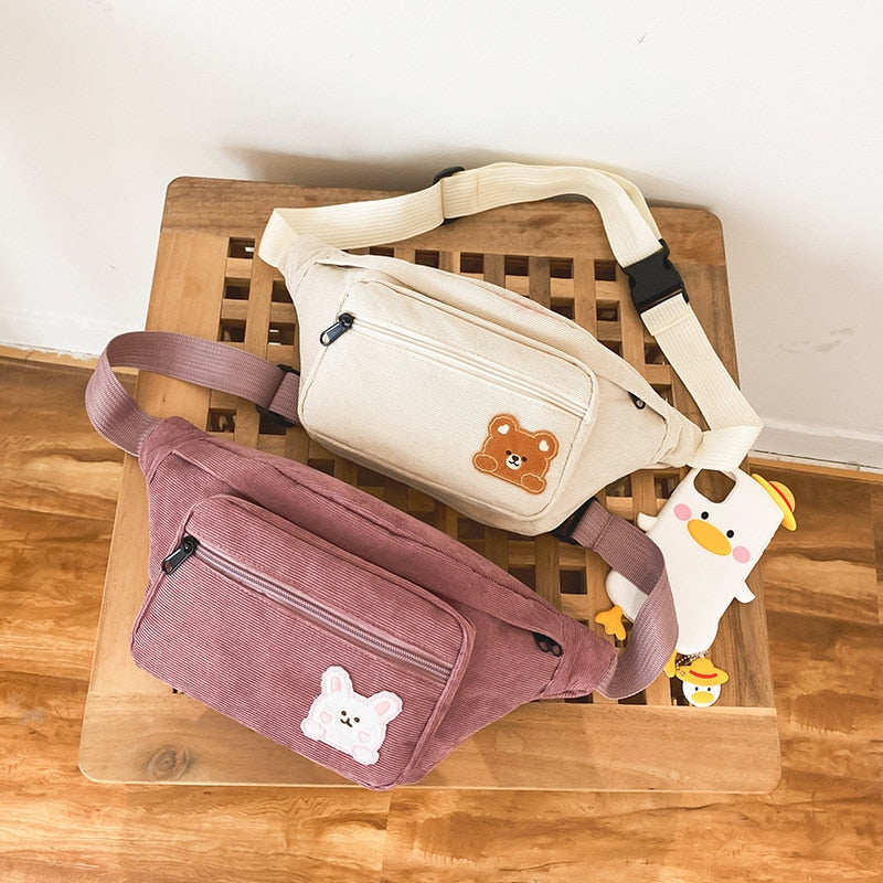 swvws  Japanese Kawaii Bag Women Corduroy Chest Bag For Women Cartoon Bear Waist Bag Large Capacity Crossbody Bags Purses Phone Bag