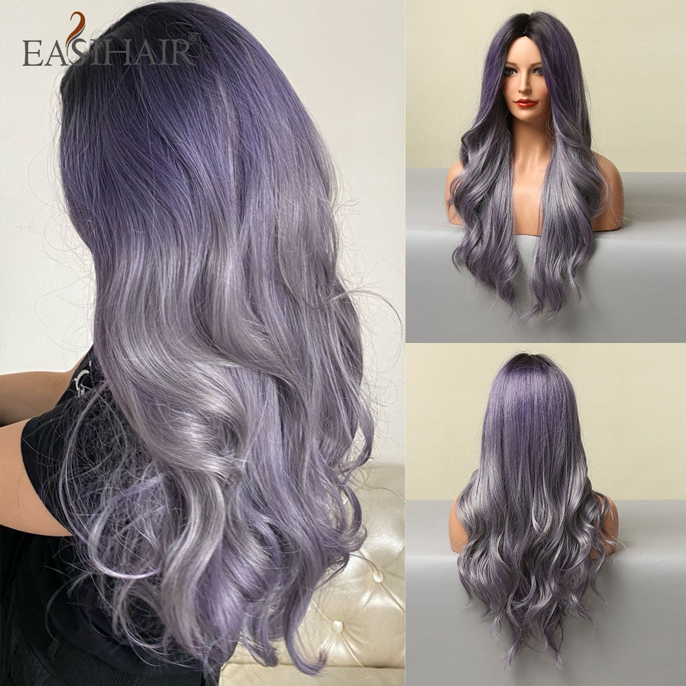 swvws Ombre Brown Mixed Purple Blonde Long Synthetic Wave Wigs For Women Heat Resistant Colorful Fiber Cosplay Lolita Wigs