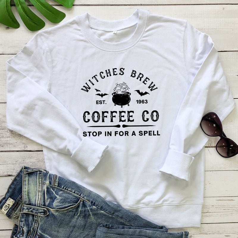 swvws Halloween Costume Witches Brew Coffee Co Sweatshirt Aesthetic Witchy Woman Halloween Drinking Pullovers Streetwear