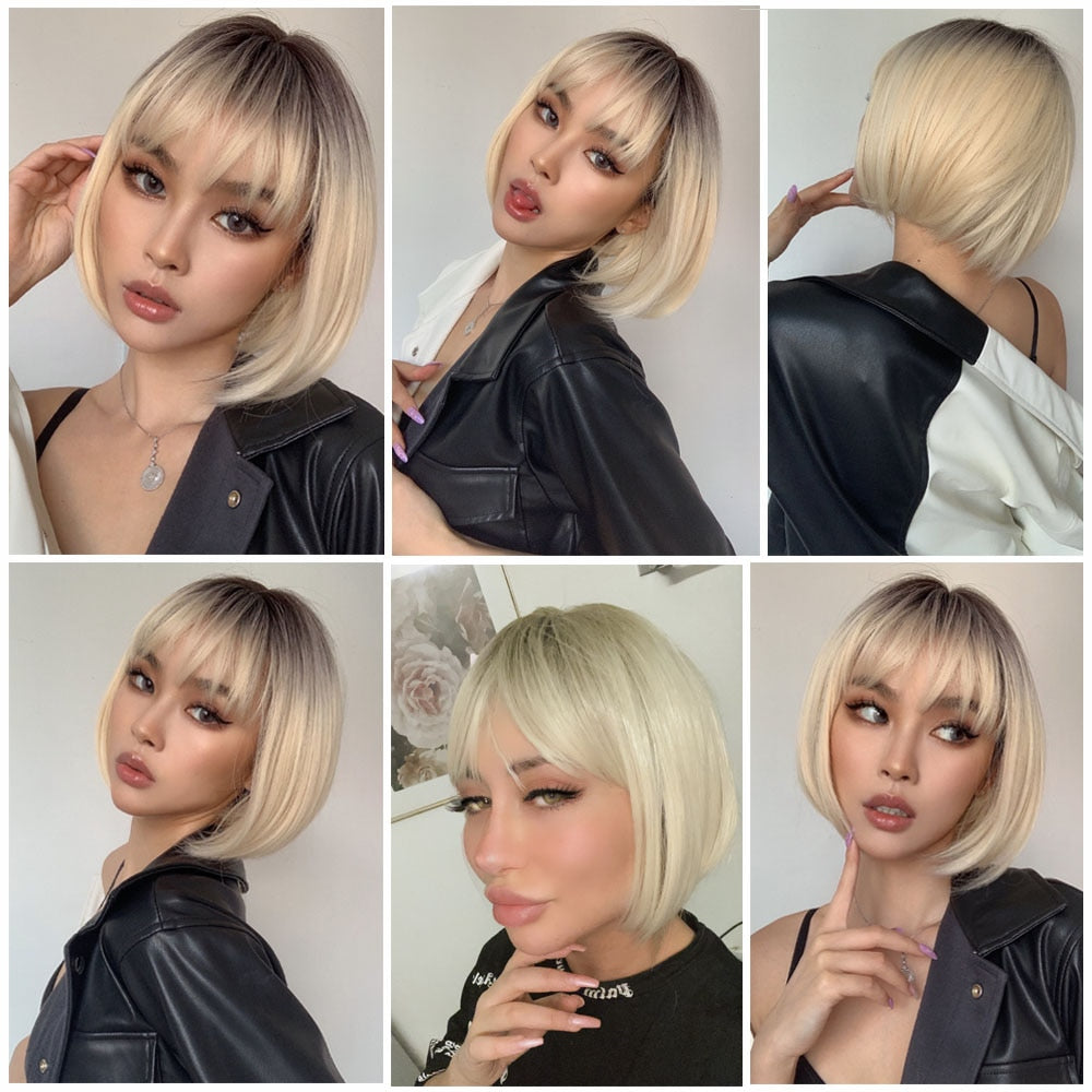 swvws  Short Hair Wig With Bangs Pixie Cut Ombre Black Ash Light Blonde Synthetic Wigs For Women Cosplay Wigs Heat Resistant