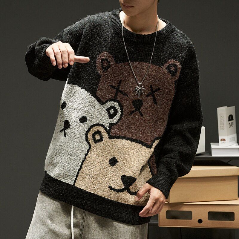 swvws Cartoon Bear Sweater Men's Winter Men's Women's Fashion Long-Sleeved Knitted Pullover Sweater Oversized  New Cotton Coat