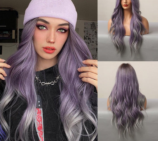 swvws Ombre Brown Mixed Purple Blonde Long Synthetic Wave Wigs For Women Heat Resistant Colorful Fiber Cosplay Lolita Wigs