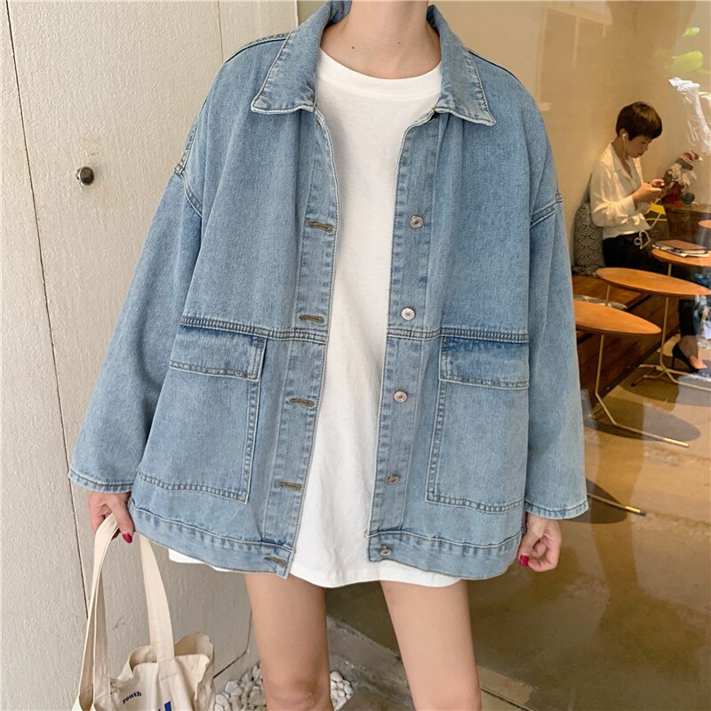 swvws Harajuku Black Denim Short Jacket Women Korean Loose Bomber Jacket Female Outerwear Streetwear Long Sleeve Casual Overcoat Mujer